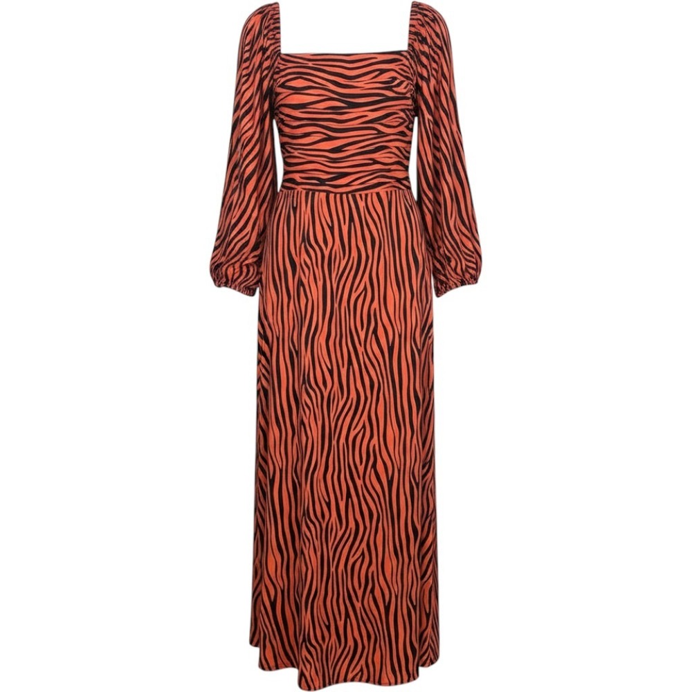 Grass Fields Maxi Dress Orange Black Animal Print Square Neck UK 24 US 20 Lined